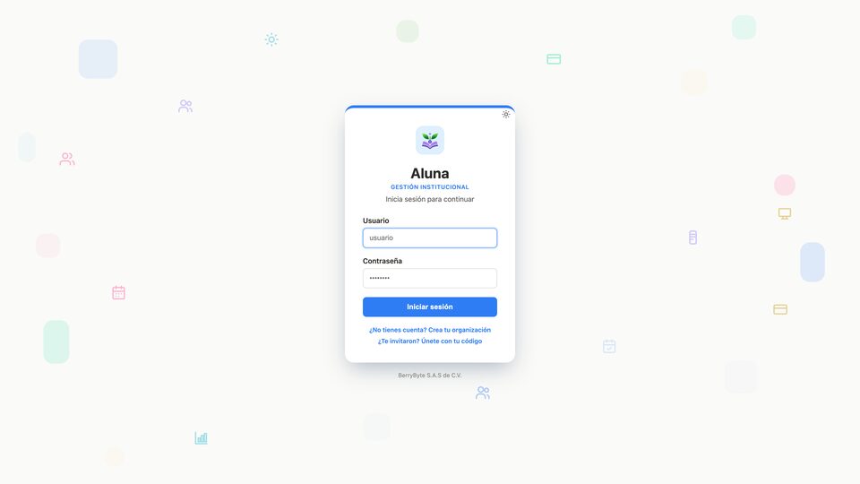 Pantalla de inicio de sesión de Aluna